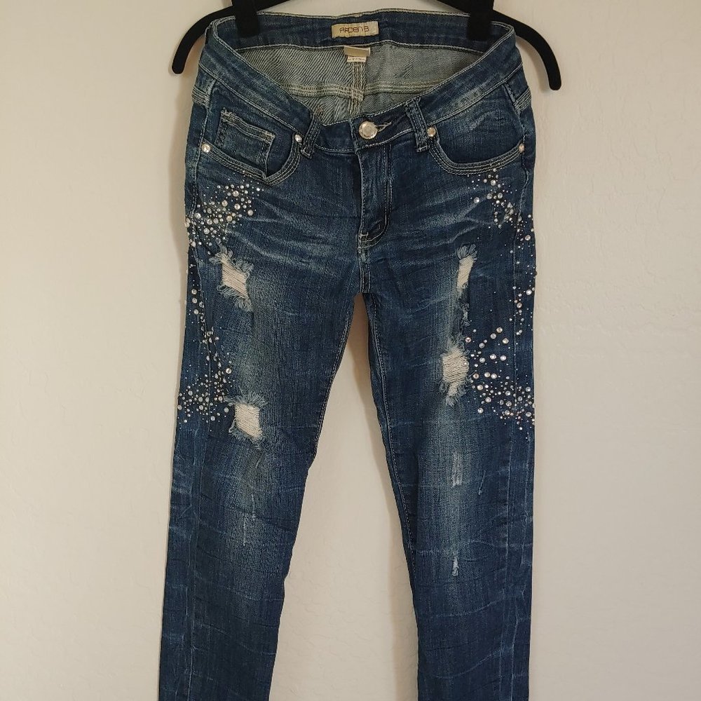 Blue Denim Jeans Distressed w/ Rhinestones